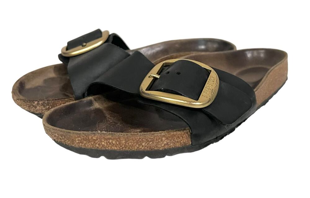 Birkenstock Madrid Big Buckle Womens 7.5 Black Nubuck Leather Slide Sandals EU38
